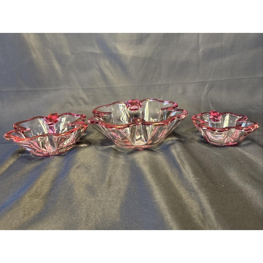 Set of 3 Vintage Shamrock 4 Leaf Clover Clear Glass Pink Trim trinket/candy Dish